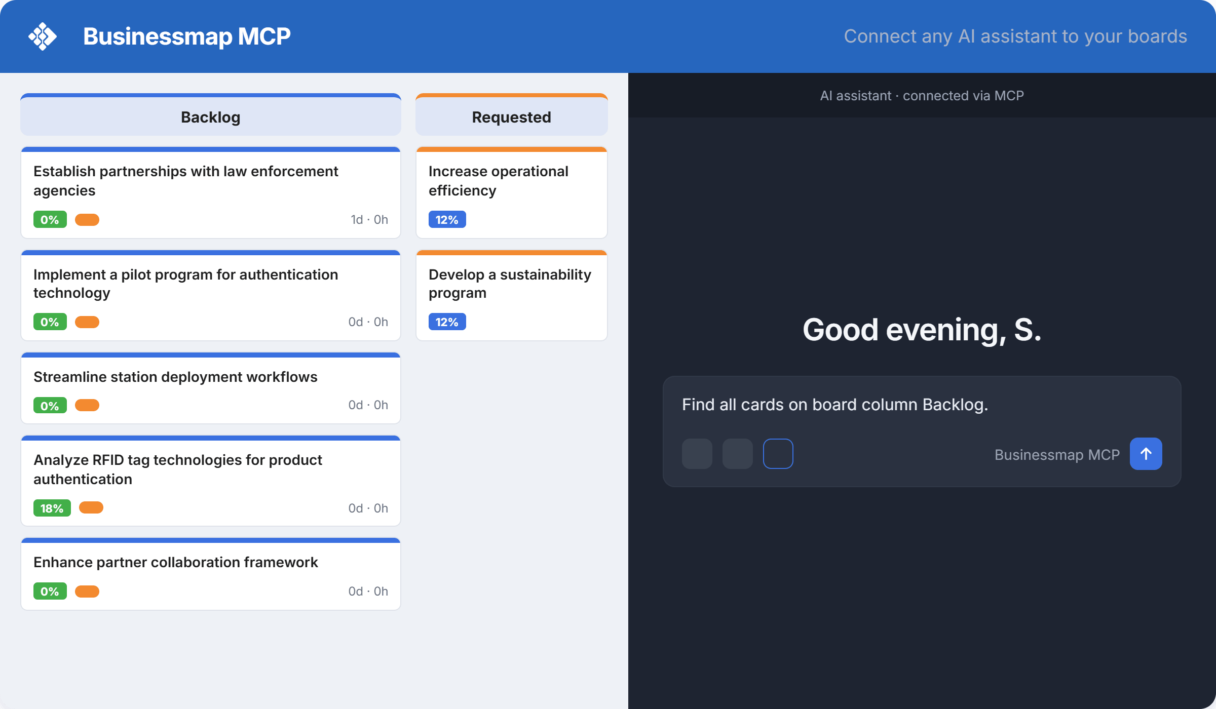 Connect any AI assistant to your Businessmap data, securely.