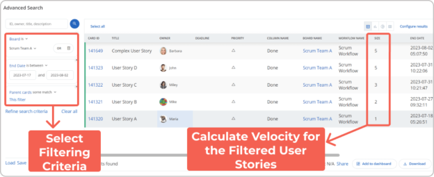 calculating velocity through the advanced search