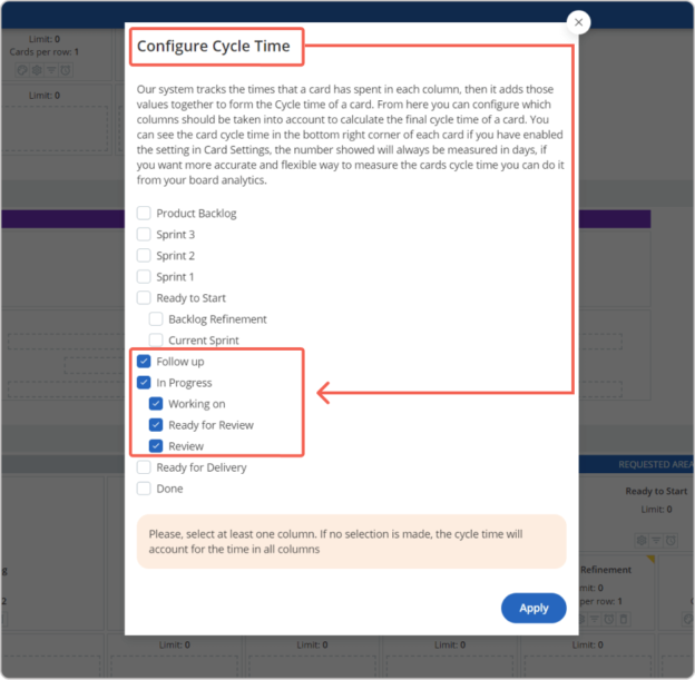 configure cycle time for kanban sprints