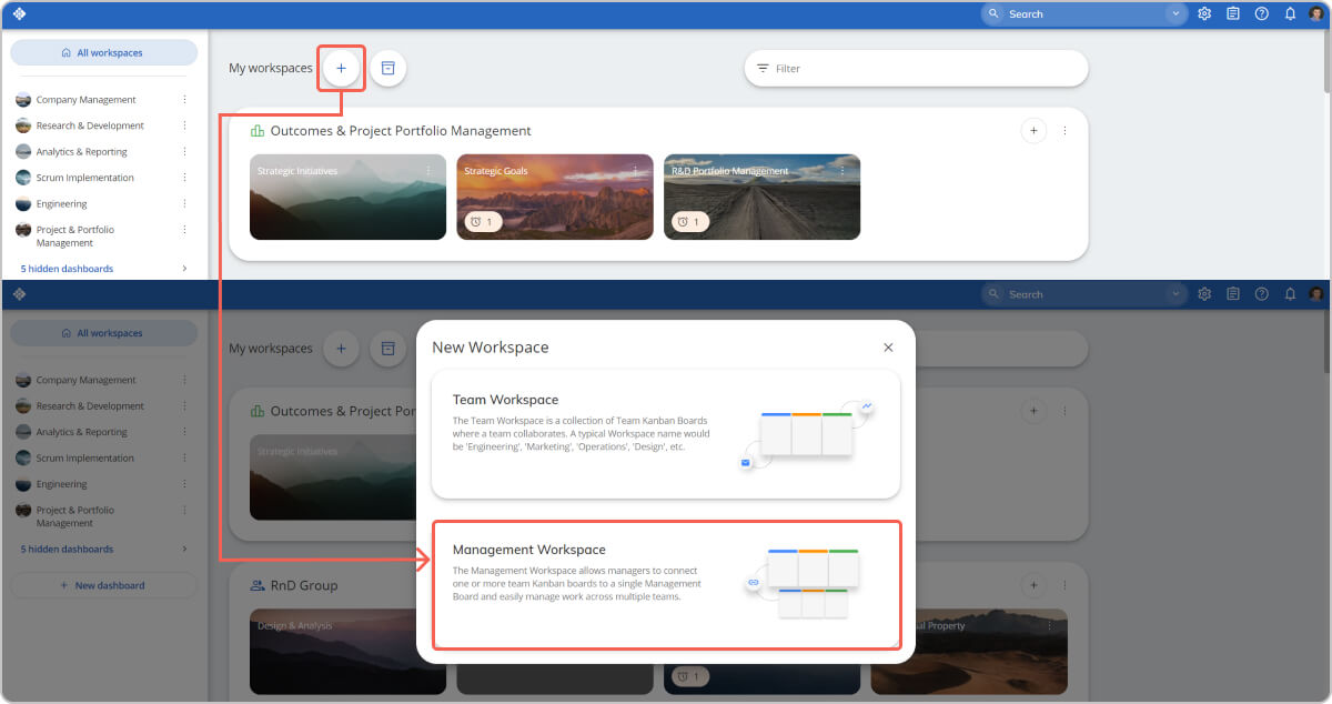 adicionando espaço de trabalho de gerenciamento no Businessmap