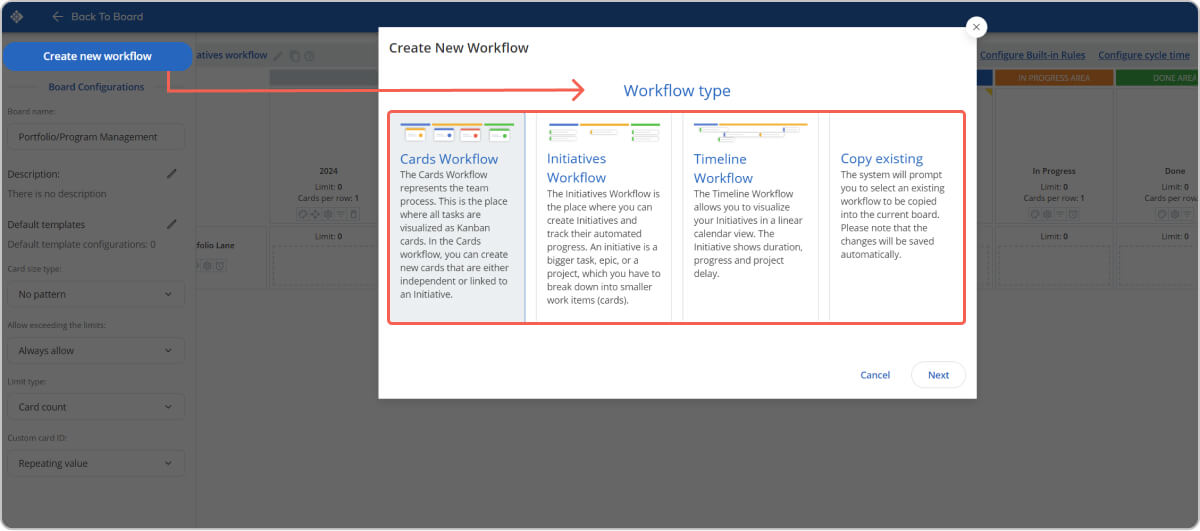editor de tipo de fluxo de trabalho no Businessmap